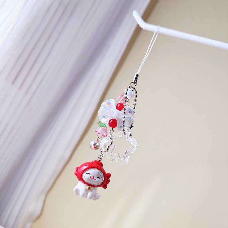 Cute Cartoon Lucky Cat Bead Keychain Kawaii Kitten Mobile Phone Chain Backpack Pendant Car Key Chain Accessories Gifts