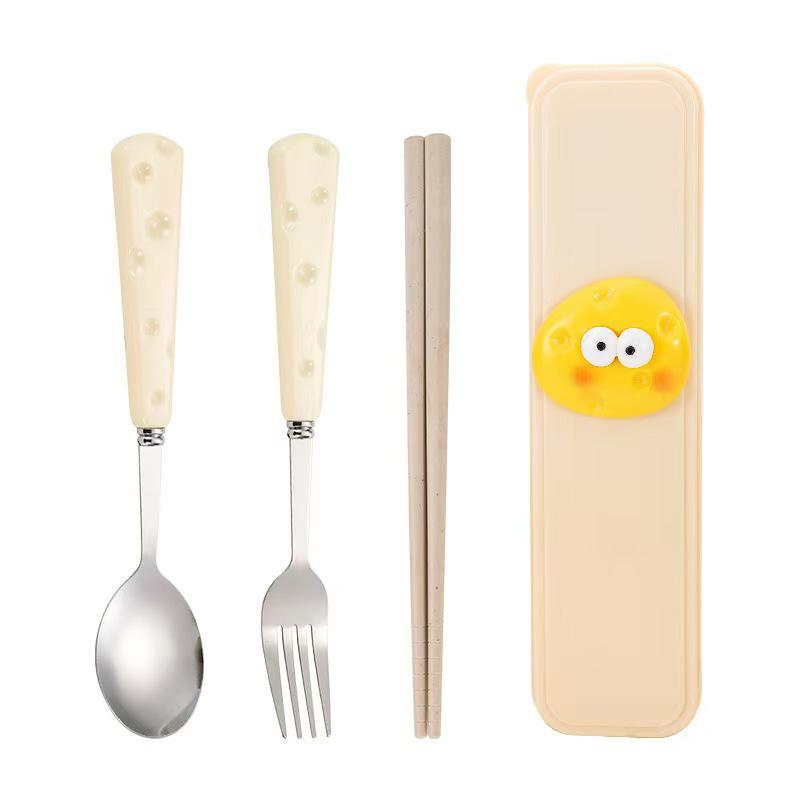 Cute Cartoon High-Value 410 Stainless Steel Cutlery Set: 3-Piece Set with Chopsticks, Fork, and Spoon