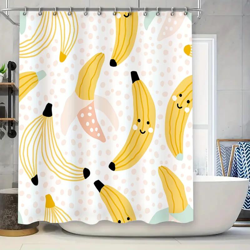 

Happy Bananas Shower Curtain Waterproof Fabric Bathroom Decor for Kids Room Yellow Cartoon Fruit Print Design W90xH180cm