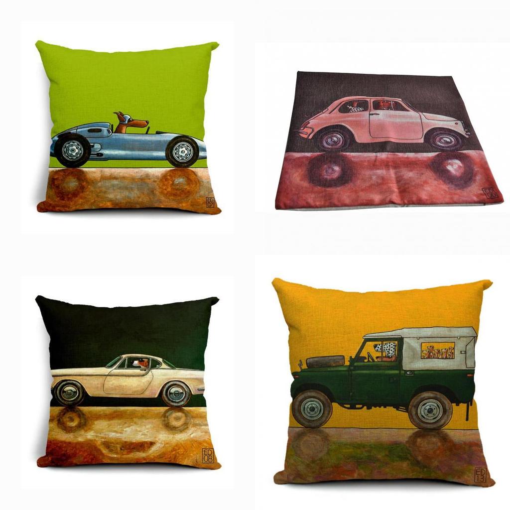 Vintage Car Dog Print Pillow Case In Beautiful Cotton Linen For Stylish Home Decor