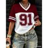 Stil American Femei NO. 91 Imprimeu Modă Confortabil Ușor Respirabil Decolteu în V Mânecă Scurtă Tricou Baseball Topuri Tee
