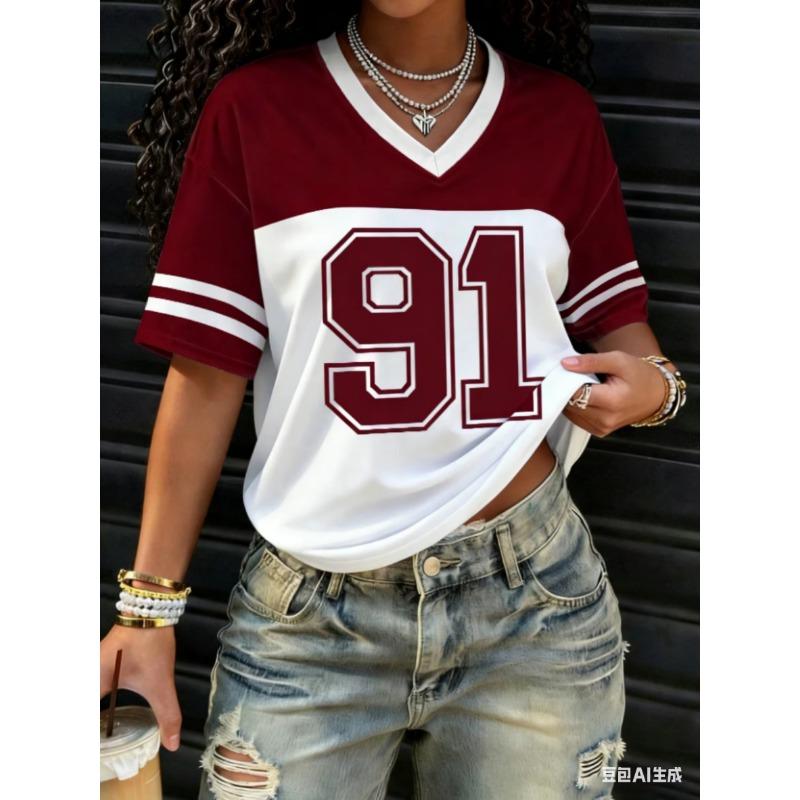 American Style Women‘s NO. 91 Print Fashion Comfortable Lightweight Breathable V-Neck Short Sleeved Baseball T-Shirt Tops Tee