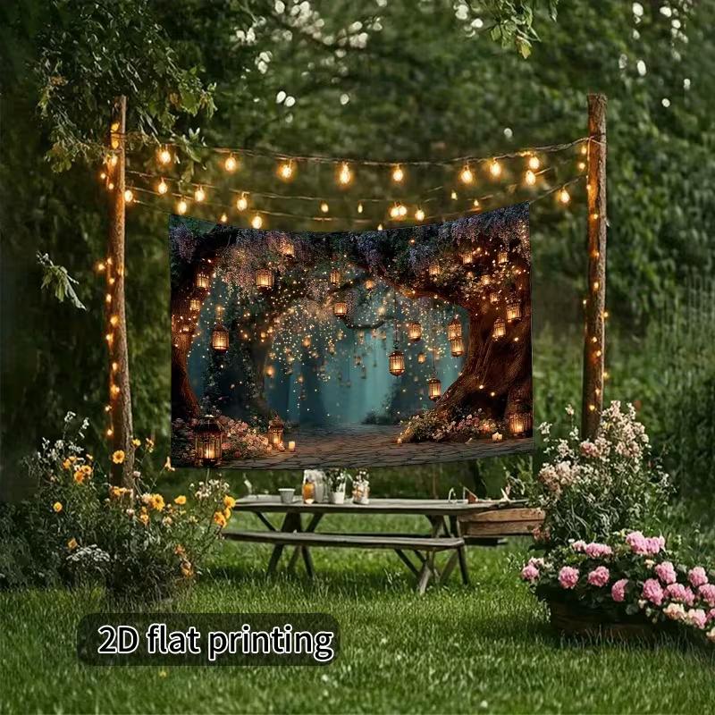 2D Magical Firefly Forest Tapestry, Hanging Lanterns & Flowers Wall Art for Bedroom