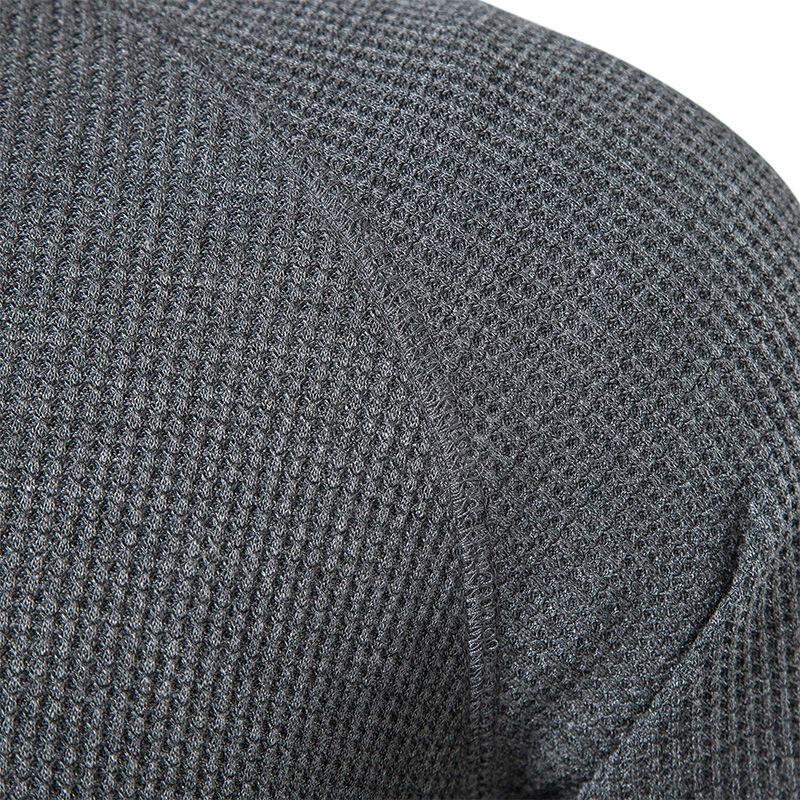 European and American Style Men’s Solid Waffle Henley Shirt Long Sleeve T-shirt Buttoned Round Neck Top