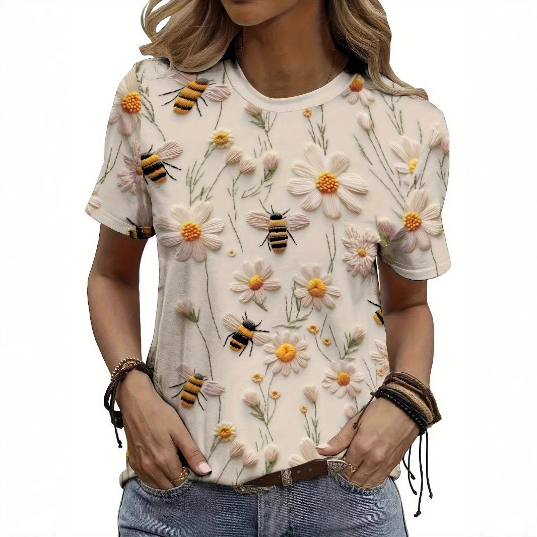 

Летний топ с круглым вырезом и принтом 3D-цветочного узора, модная повседневная женская футболка с коротким рукавом S