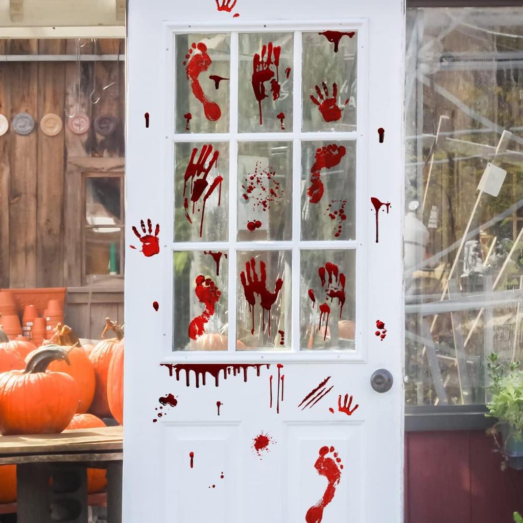 Halloween Bloody Handprint Footprint Window Stickers Wall Stickers for Halloween Party Decorations ide Outside Decor Come with Plastic Scraper Tools