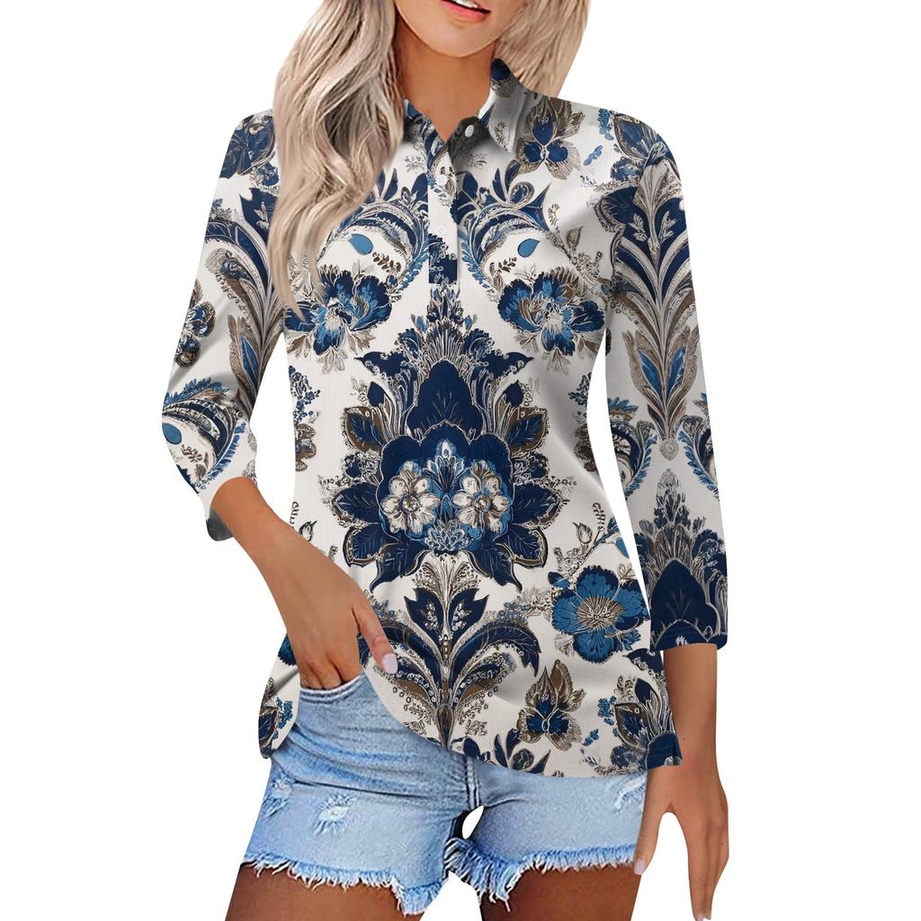 Women's Fashion Casual Lapel Short 3/4 Sleeve Print Shirt Women's Button Up Tops