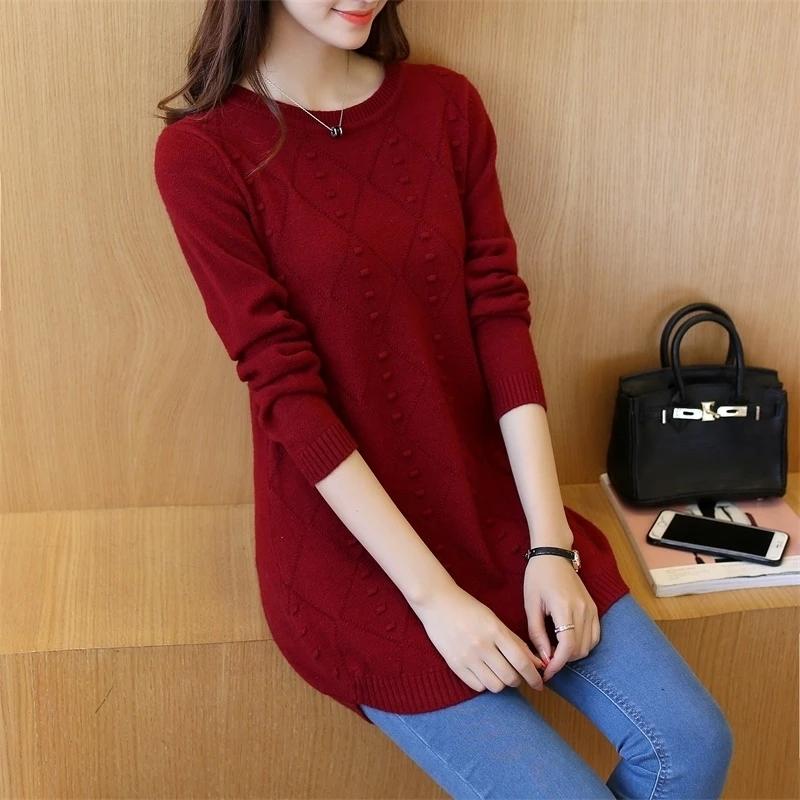 Knitted Jumper Autumn Winter Women's Tops O-neck Long Sleeve Pullovers Casual Warm Women's Sweaters Midi Long Slim Sweater