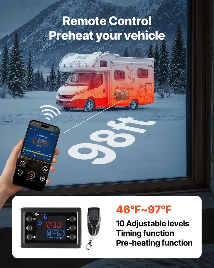 Dieselheizgerät, 8 kW, DC 12 V/24 V, All-in-One tragbares Diesel-Luftheizgerät mit Bluetooth-APP-Steuerung, Fernbedienung und LCD-Bildschirm, 7-Liter-Kraftstofftank für