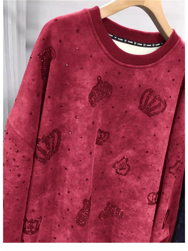 European Crown Hotfix Diamond Sweater - Plus Size, Velvet-Lined, Round Neck, Long Sleeve Luxury Top