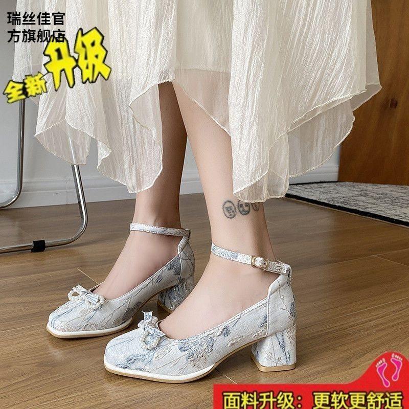 Autumn with Hanfu cheongsam single shoes retro embroidery thick heel high heels women's Mary Jane shoes