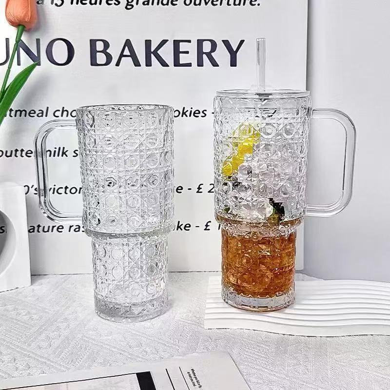 3-Piece Large Capacity Glass Cup Set, Durable Handle Straw Cup, Creative Vertical Stripe Design, Suitable for Iced Coffee