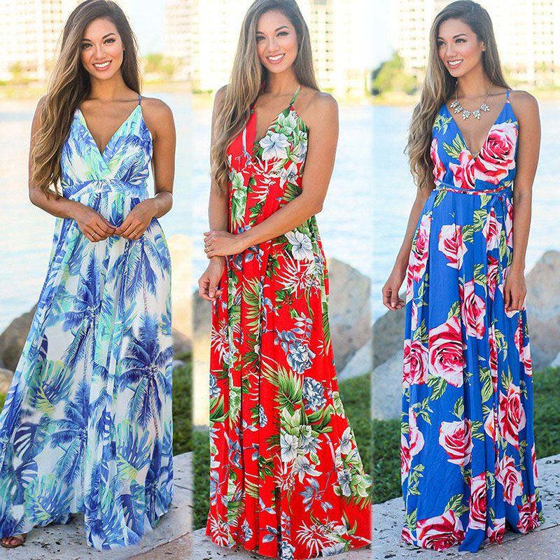 Elegant Women's Boho Long Maxi Dress With Floral Prints For Summer Parties And Beach Events