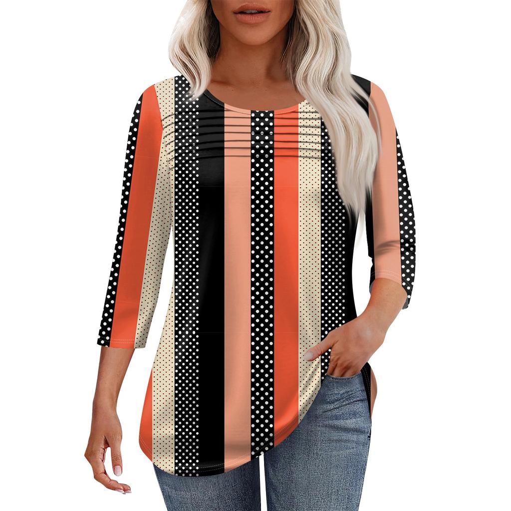 Dámský módní top s kulatým výstřihem, plisovanou přední légou, jednobarevný, s 3/4 rukávy