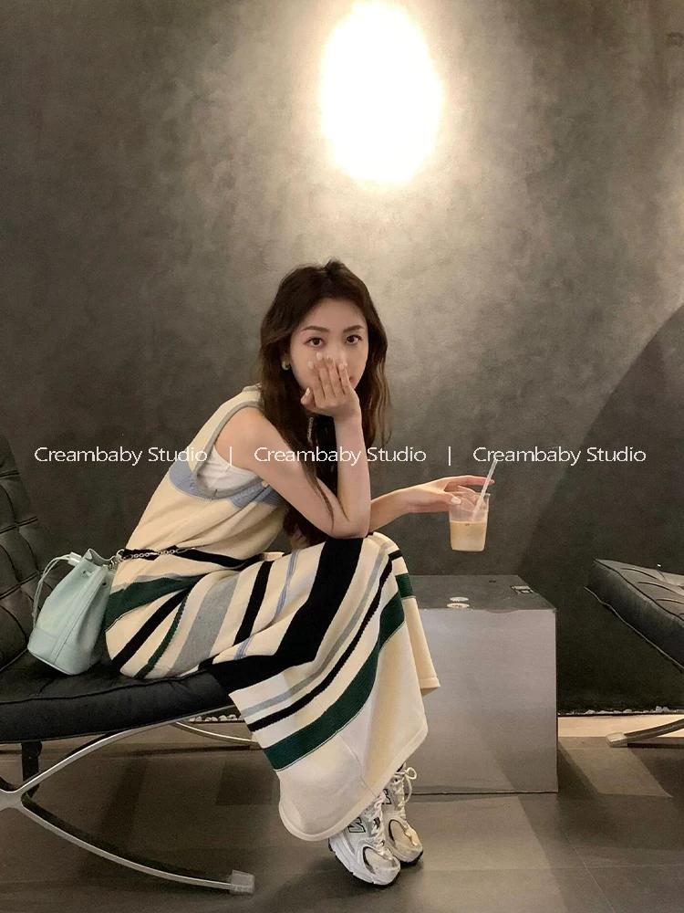 Creambaby Studio Contrast Color Striped Slimming Tank Top Dress Women s Summer Beautiful Little Dress S