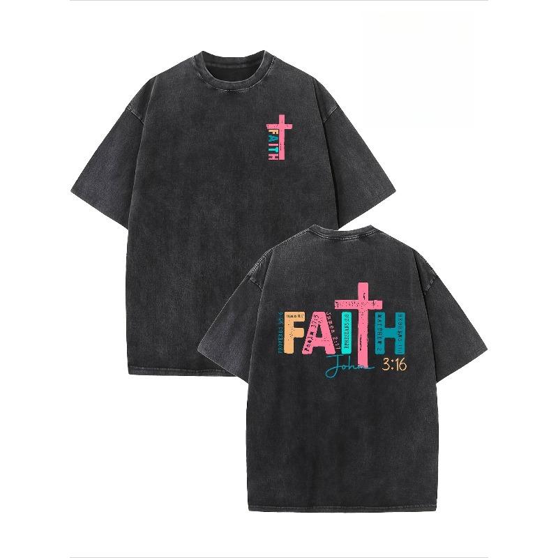 Vintage Creative Pattern Washed  Faith  Double-Sided Printed Pure Cotton Washed Drop Shoulder Men s Vintage Street Basic Loose Hip-Hop Top S чёрный