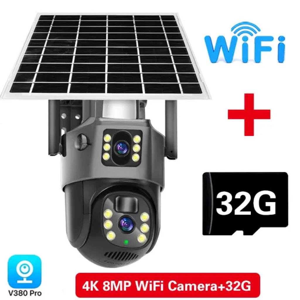 2025 Nuova telecamera IP WiFi wireless esterna 4K 8MP 4G Sim Card con batteria solare, doppia lente, doppio schermo, protezione di sicurezza, sorveglianza CCTV