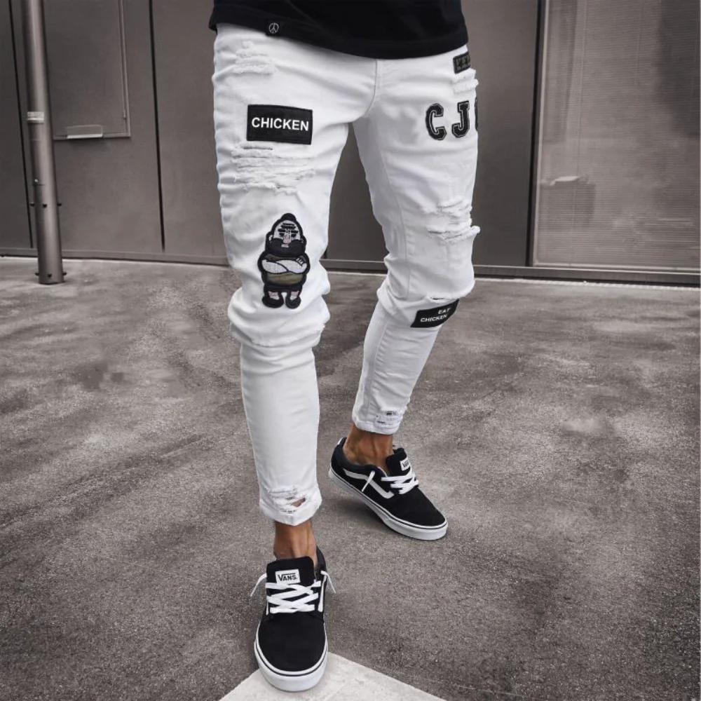 Men's Broken Hole Embroidered Pencil Jeans Slim Men Trousers Casual Thin Denim Pants Classic Cowboys Young Man Jogging Pants