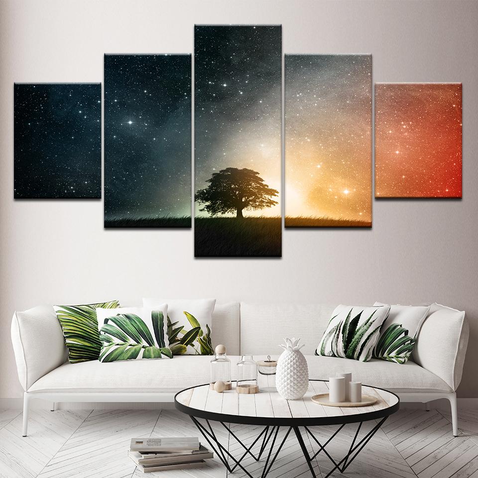The Tree with Starry Sky Landscape 5 Piece Canvas Wallpapers Modern Poster Modular Art Painting for Living Room Home Decor