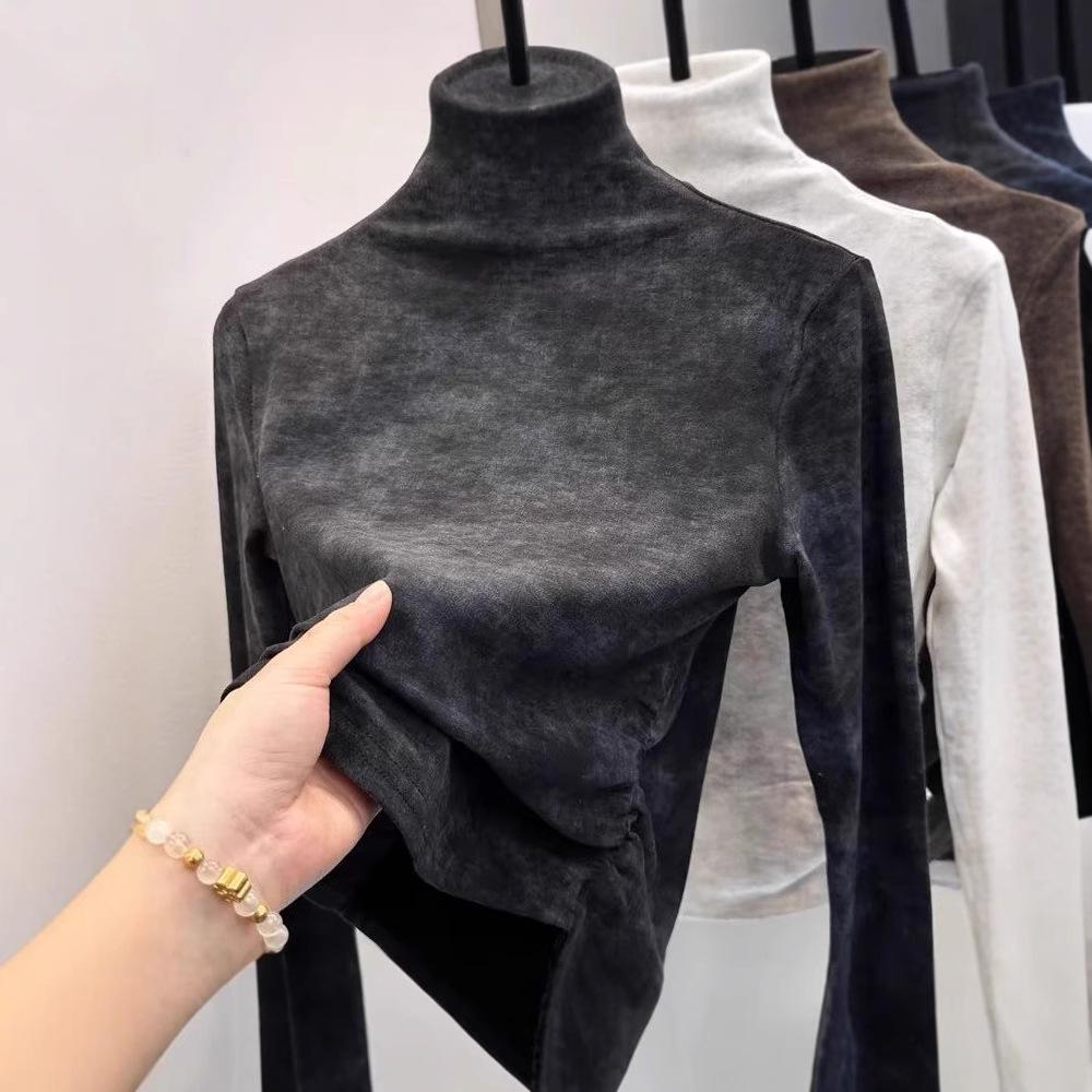 Women Tie-dye Turtleneck Thermal Underwear Top Fleece Lined Long Sleeve Slim Fit Casual Warm Knit Shirt For Autumn Winter