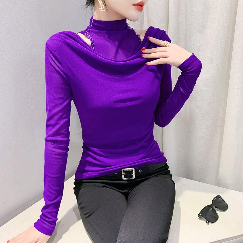 

Футболка с длинным рукавом и полуворотником, женская зимняя, облегающая, с внутренней стороны, нижняя рубашка, топ с открытыми плечами M фиолетовый