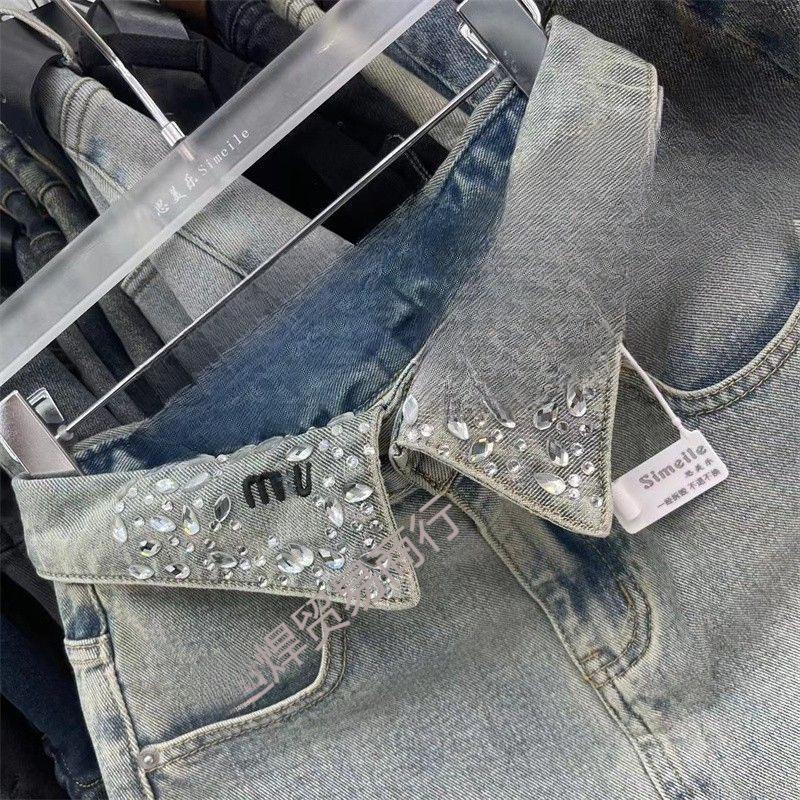 Versatile American Retro Light Blue Denim Skirt with Rhinestone Letter Embroidery