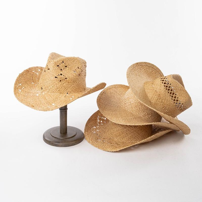 My Extreme Outdoor Activities Women's Hand Woven Raffia Hat Summer Simple Western Cowboy Straw Hat Lady Ins California Girl Seaside Vacation Curled Brim Sun Hat 59Cm