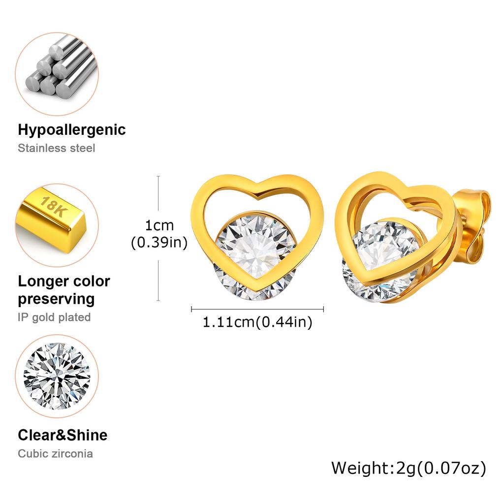 High Quality Shiny Zircon Heart Stud Earrings for Women, Stainless Steel Gold Color Earrings, Light Luxury Jewelry Gift