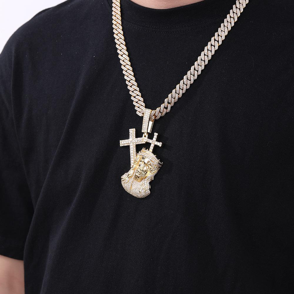 Cross man avatar pendant, men's and women's tide, European and American retro micro-inlaid with zirconium necklace, hip-hop cross