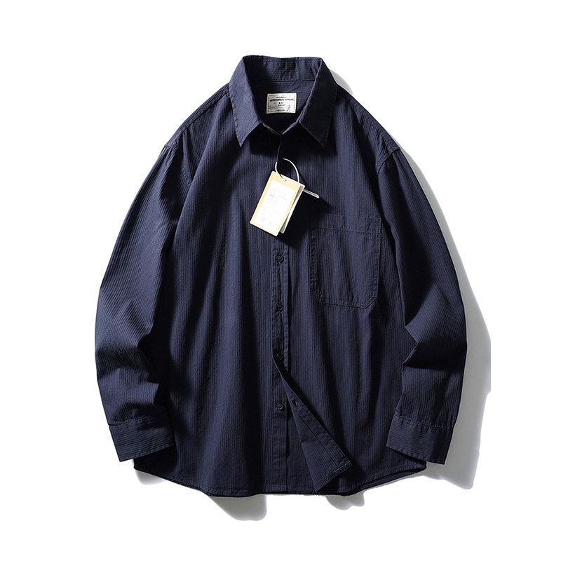 American vintage Cotton Casual Stripe Long sleeve Shirts Men s 2024 New Spring and Autumn Outerwear Foreign Trade Men s Shirt Navy Blue XL