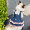 Denim Cherry Pet Dog Skirt Breathable Mesh Cat Clothes Puppy Clothing with Leash  Couple Outfit
