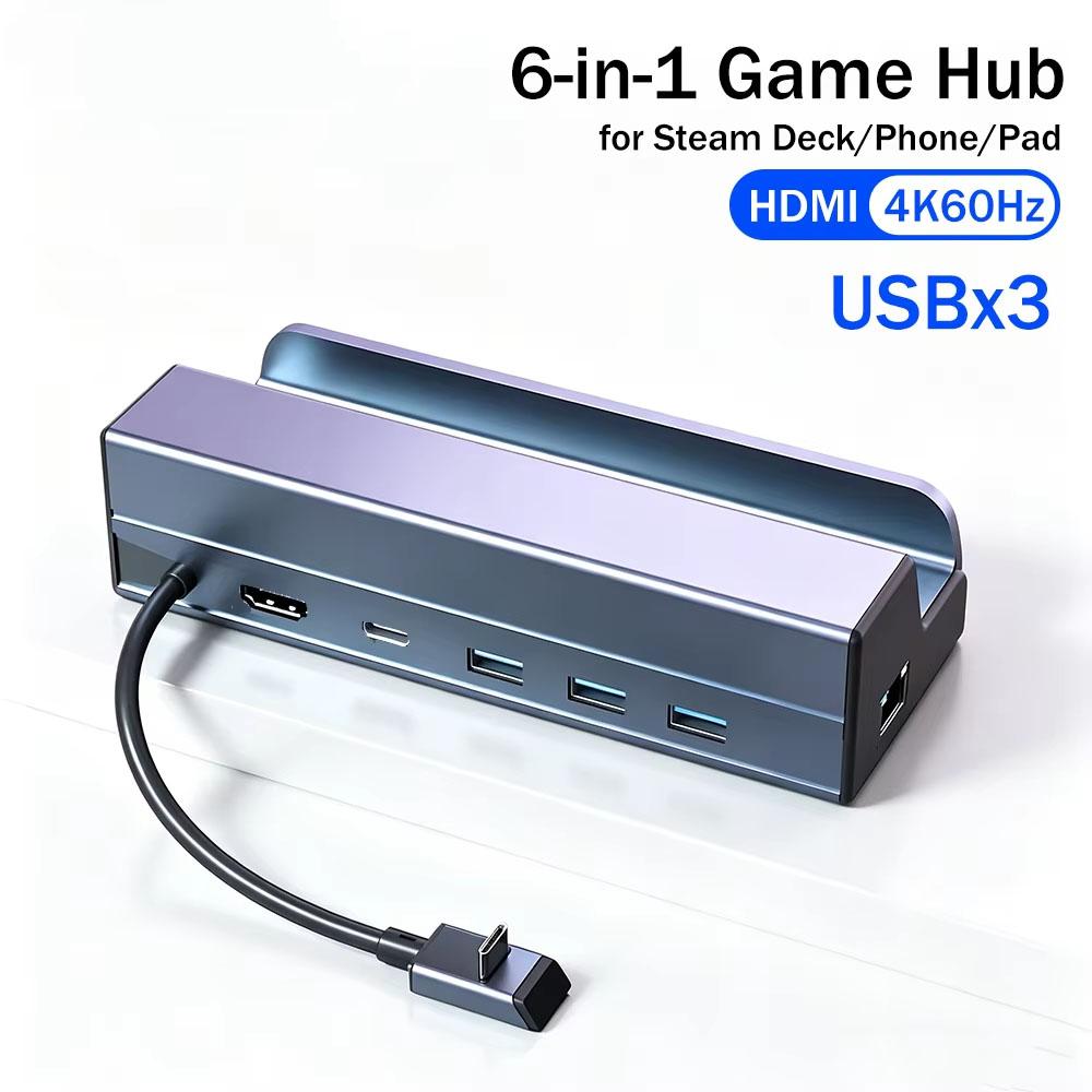 6-in-1 Steam Deck Dock Deck/Rog Ally Docking Station Stand USB 3.0 HDTV 4K@60Hz Gigabit Ethernet PD 100W Hub