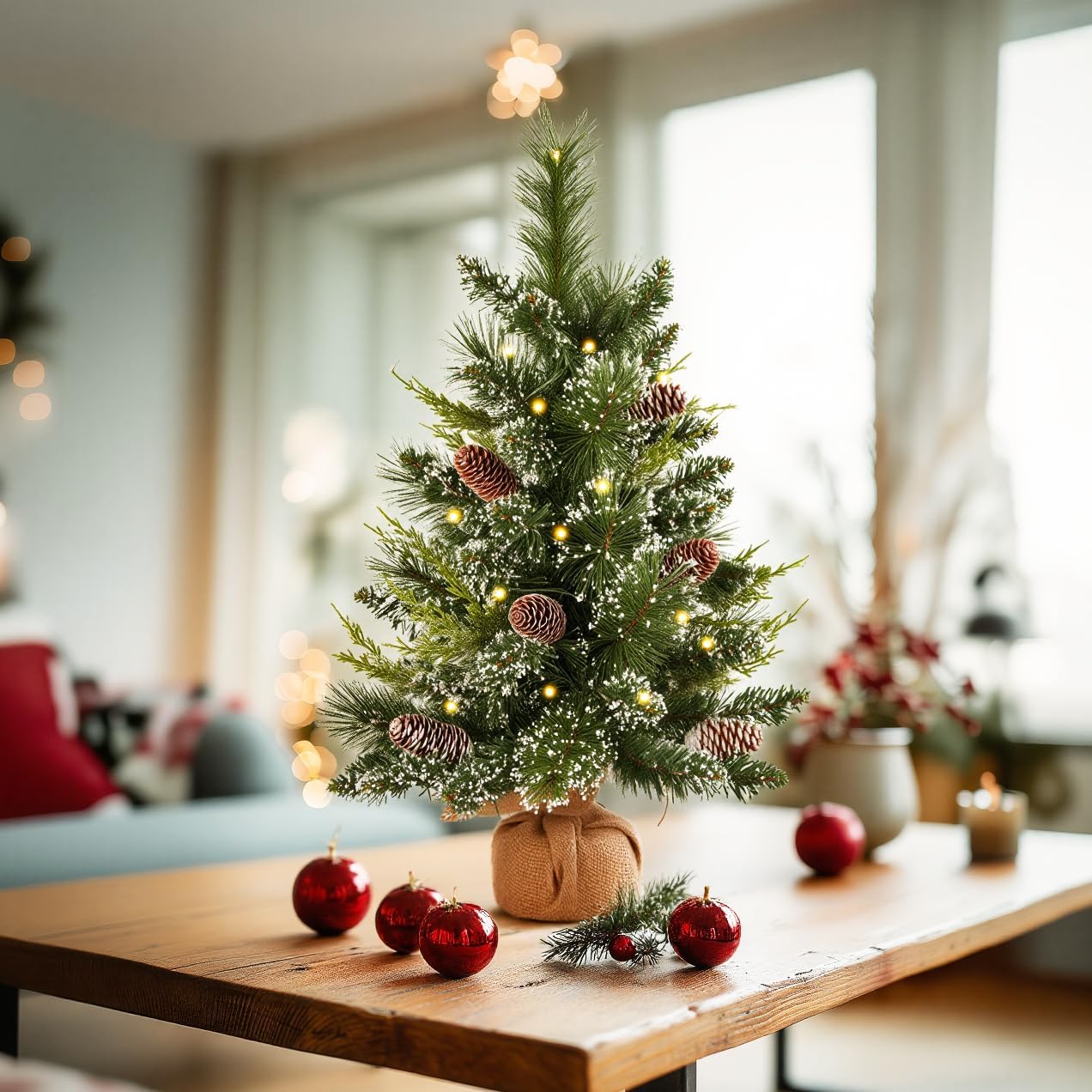 

deeinglif 2ft Mini Christmas Tree with LED Lights, Pine, Branches, Cones, Cloth Bag Base – Holiday Decor 0.6M