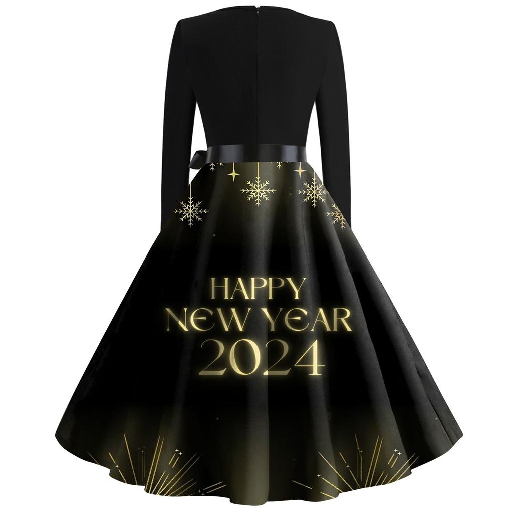 Women's Vintage Classic Dress Long Sleeve 2024 New Year Printed Ound Neck Swing Dress