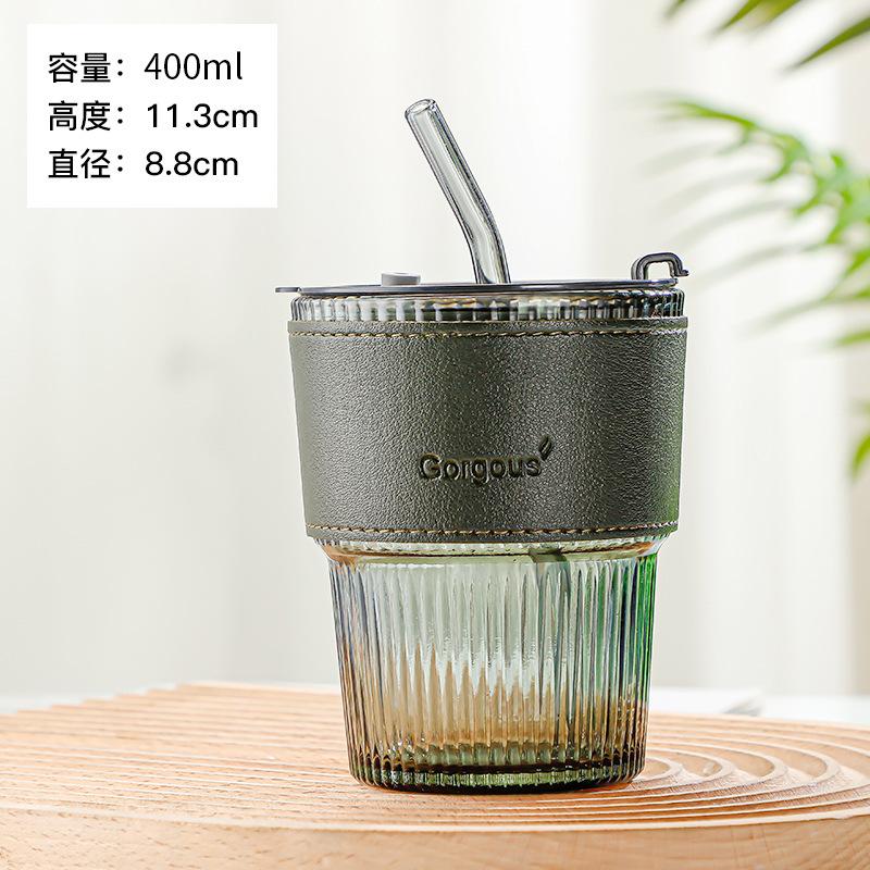 400ml Stripe Glass Cup Transparent Glasses With Lid and Straw Ice Coffee Mug Tea Cup Juice Glass Milk Water Cup Drinkware