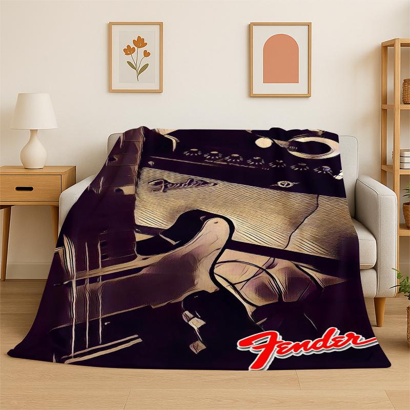 Retro Fender Logo Guitar Instruments Music Flannel Blanket Soft Warm Throw Blanket for Bedroom Living Room Bed Travel Picnic