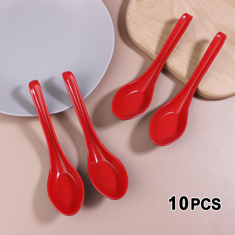 10Pcs Red And Black Melamine Porcelain Anti-Shock Spoons Dumplings Porridge Soup Spoon Restaurant Bar Kitchen Cutlery