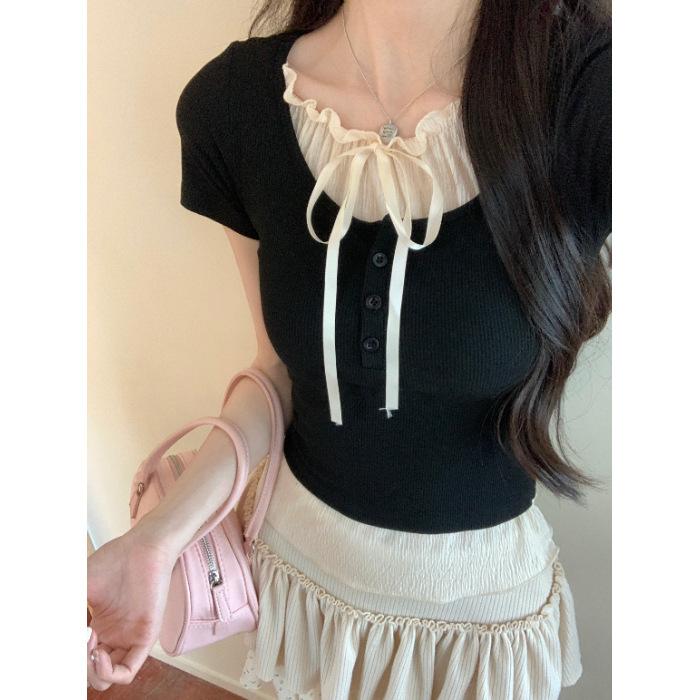 Threaded lace fake two-piece short-sleeved T-shirt women's summer new Korean version slim-fit design T-shirt top