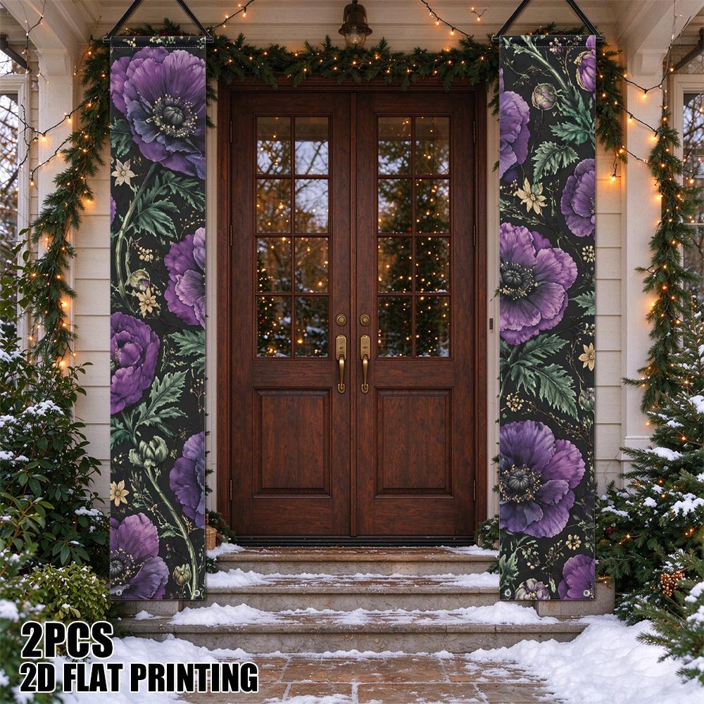 2D Flat, 2pcs Dark Purple Poppy Bloom Party Banners & Door Couplet Decorations Suitable for Christmas, New Year, Weddings, Birthdays - Elegant Door Ar