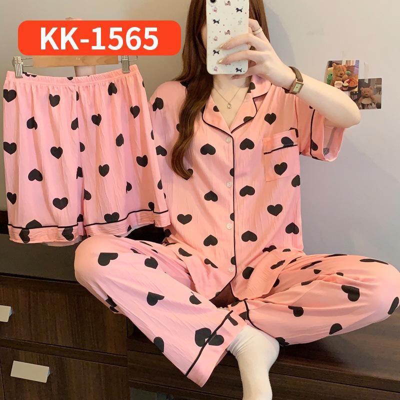 Retro Small Floral High-End Wrinkled Cloth Pajamas Women'S Summer Casual Homewear Short-Sleeved Three-Piece Set