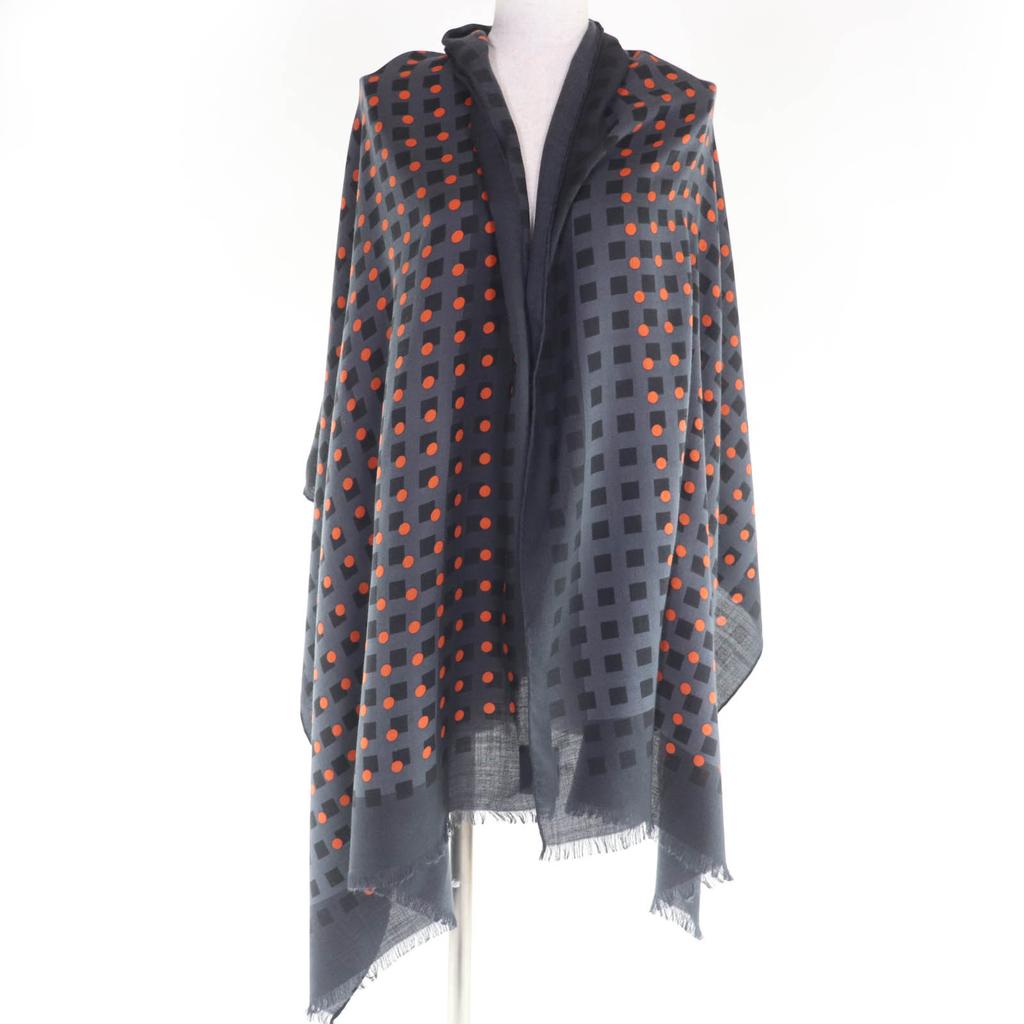 Pristine HERMES Stall Dot design large shawl with fringe gray cashmere Women Used