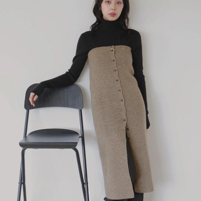 2025 Korean Style Spring Autumn Women Midi Skirt High Waist Black Gray Knitting Skirt Feminine Buttons Split Knitted Skirts Womens