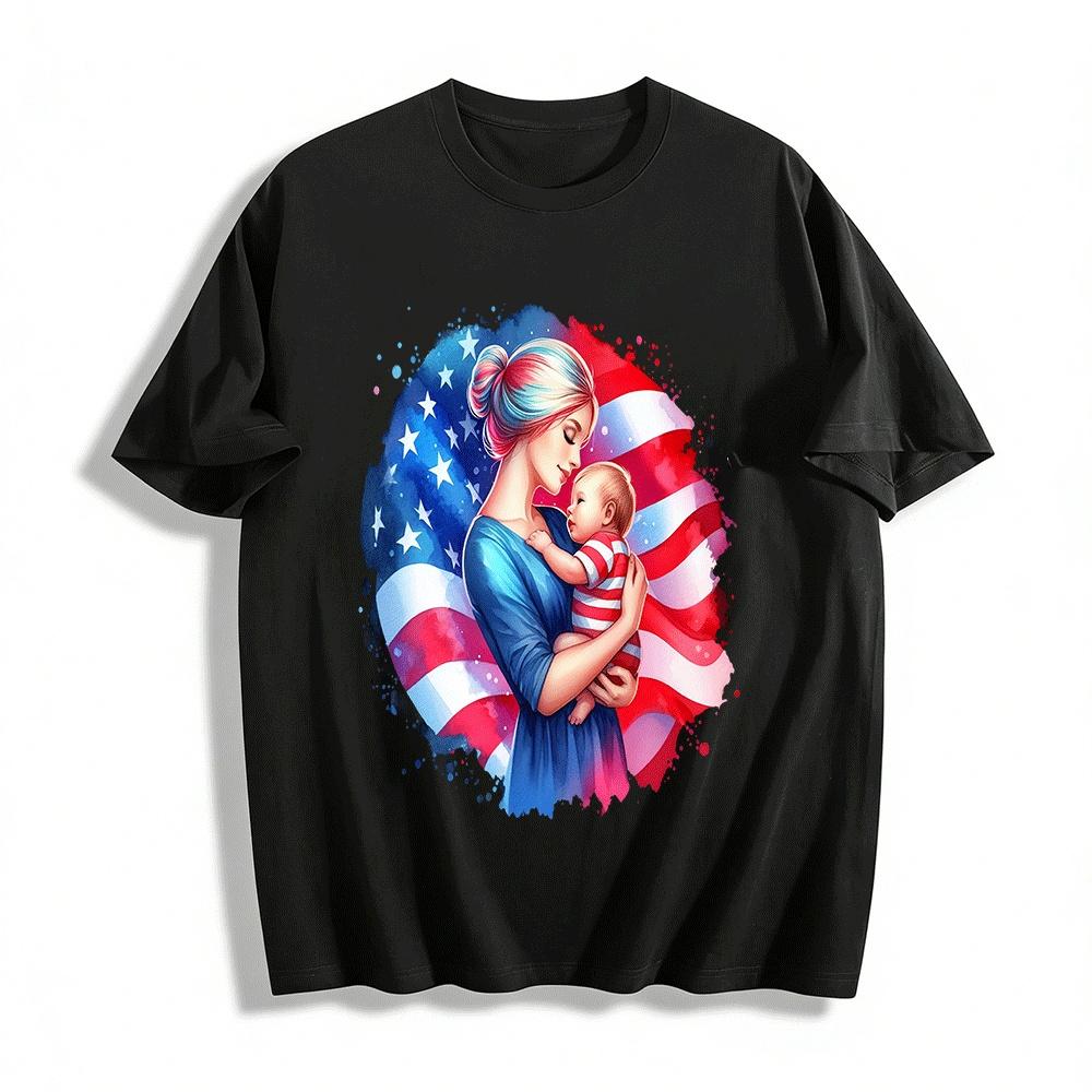 Patriotic Mom And Baby Print Tee USA Flag Themed Casual Top Pure cotton T-shirt XXS