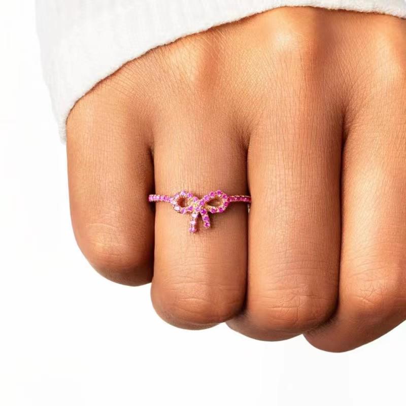

S925 Sterling Silver Pink Bow Zircon Ring - European & American Style Luxury Jewelry Size 9