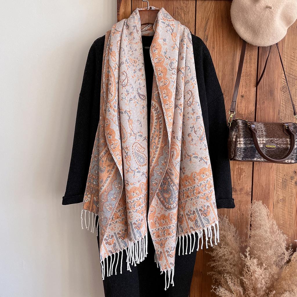 Scarf women's outer with ethnic style imitation cashmere shawl desert seaside travel warm cashew flower scarf thin