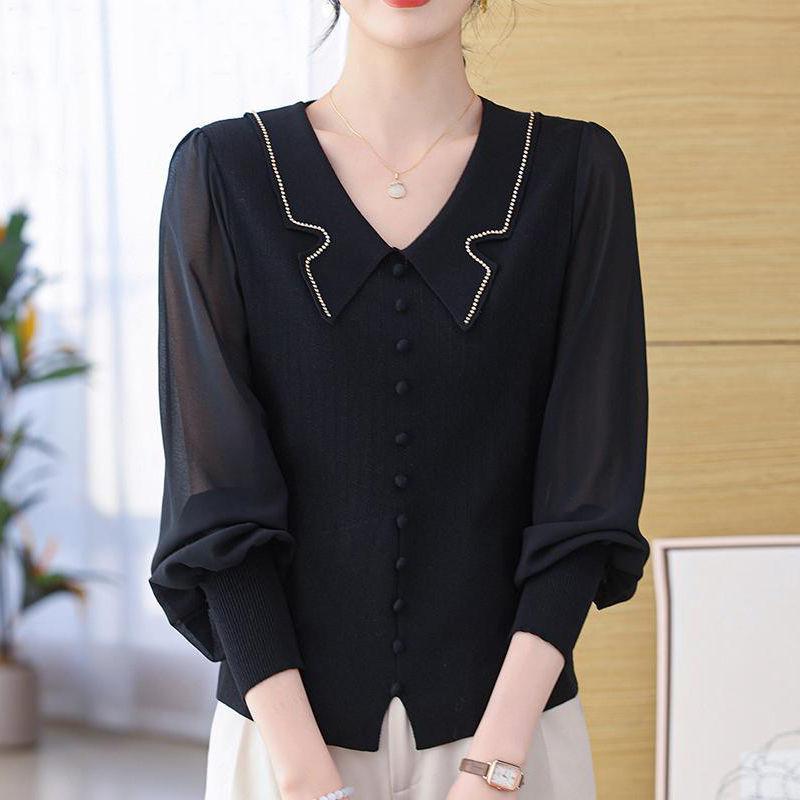 

New Spring Autumn Style Women s Sweater - Loose Fashionable V-Neck Patchwork Stylish Design Pullover Knit Base Layer Top OneSize чёрный