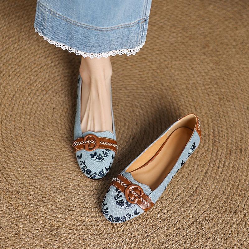 Mary Jane Shoes with Buckle Embroidered Slip-On Low Cut Ballet Flats Casual Women's Footwear Rubber Comfortable Summer