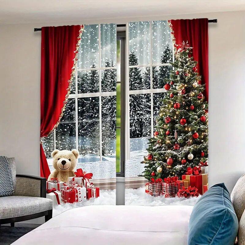 2 pieces - Christmas curtains   Christmas snow scene and tree polyester printed curtains   home decoration   room decoration