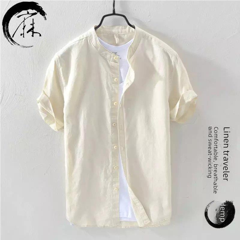 Men's Summer White Linen Shirt - Short-Sleeve, Stand-Up Collar, Japanese Business Casual Style, Loose Fit.