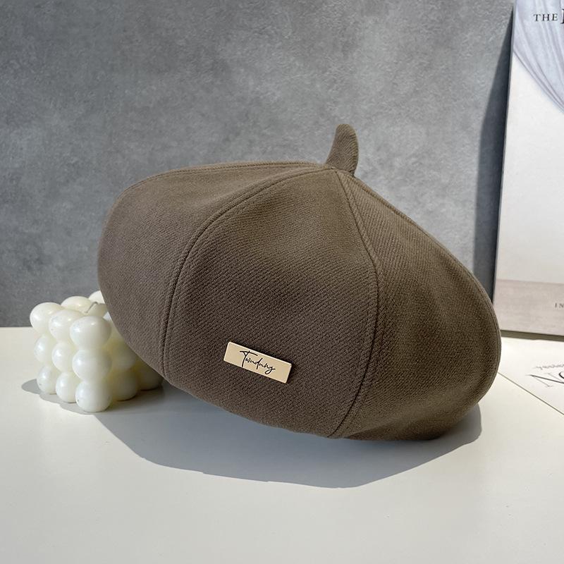 Gentle Beret for Women Fashionable Small Letter Mark Simple and Versatile Fashionable and Stylish Solid Color Pumpkin Hat